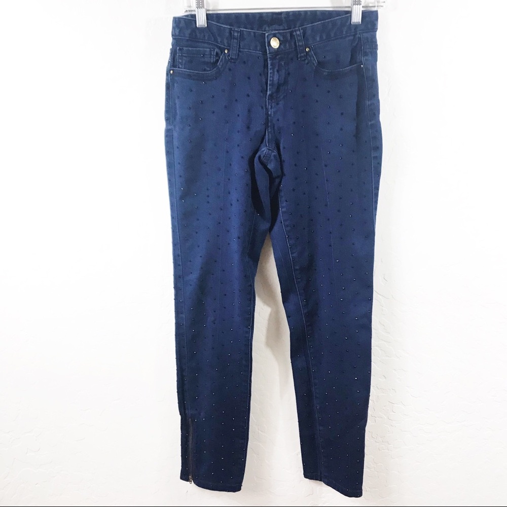 Cachè Blue & Black Studded Skinny Ankle Zip Jeans